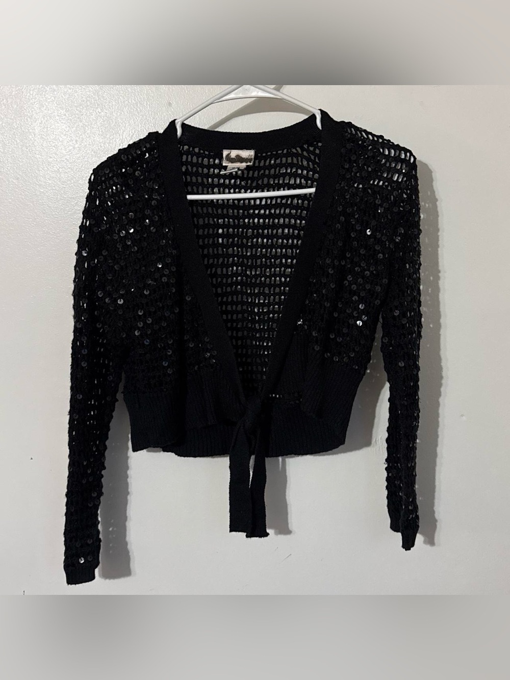 Fashion Bug 18/20 Black Sequin Crochet Tie Front Cropped Cardigan